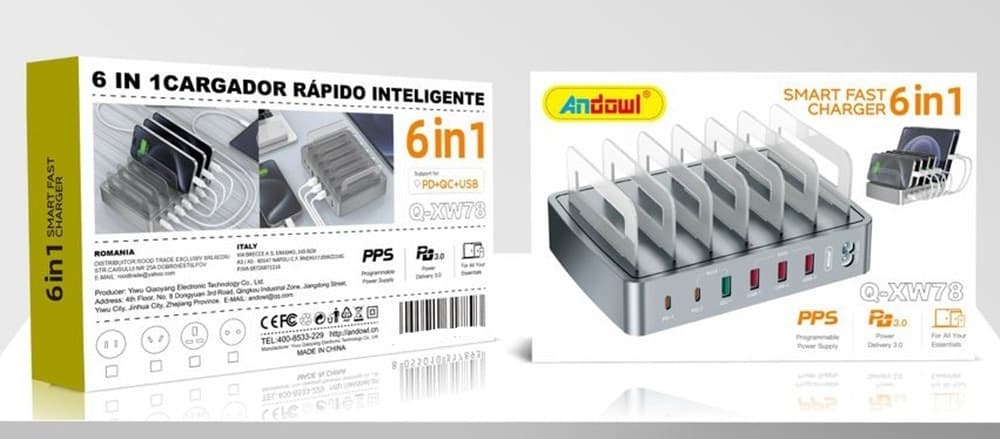STAZIONE DI RICARICA RAPIDA INTELLIGENTE 6 IN 1 MULTIPORTA CON 4 USB + 2 USB-C 45W Q-XW78 - 3