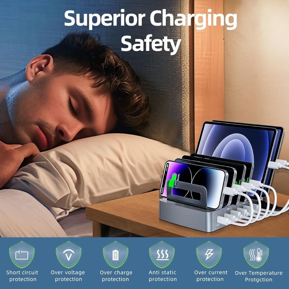 STAZIONE DI RICARICA RAPIDA INTELLIGENTE 6 IN 1 MULTIPORTA CON 4 USB + 2 USB-C 45W Q-XW78 - 6