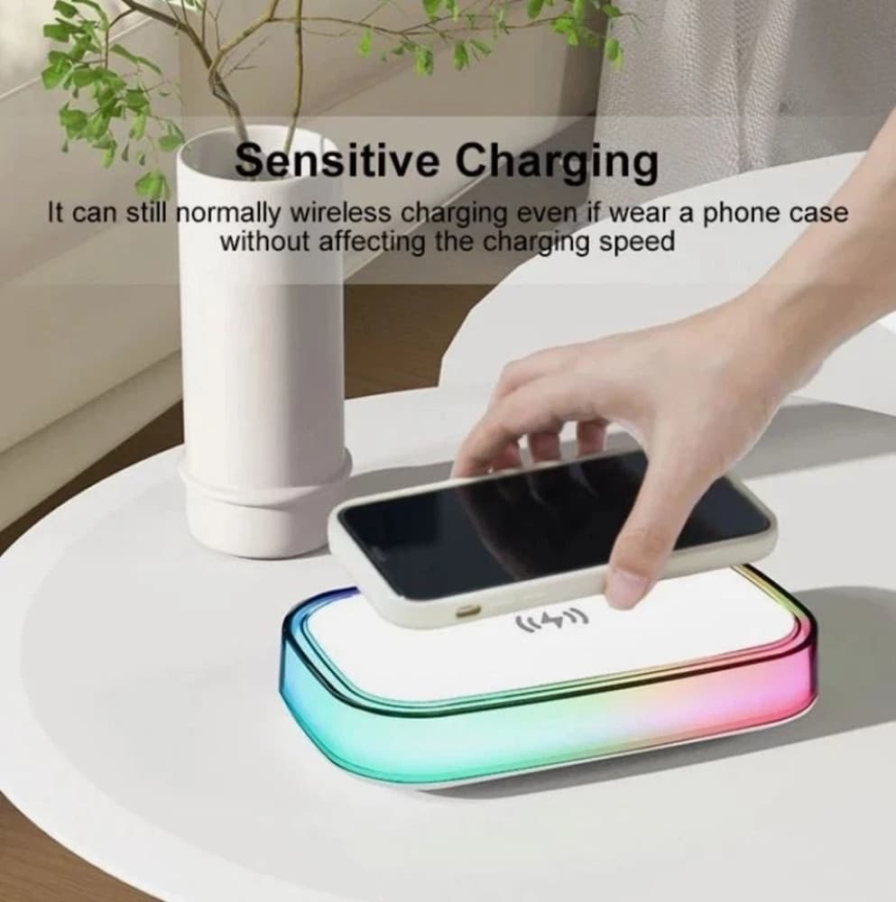 CARICATORE WIRELESS DA TAVOLO LUCE NOTTURNA LED MULTICOLORE RICARICA RAPIDA MAGNETICA A91 - 4