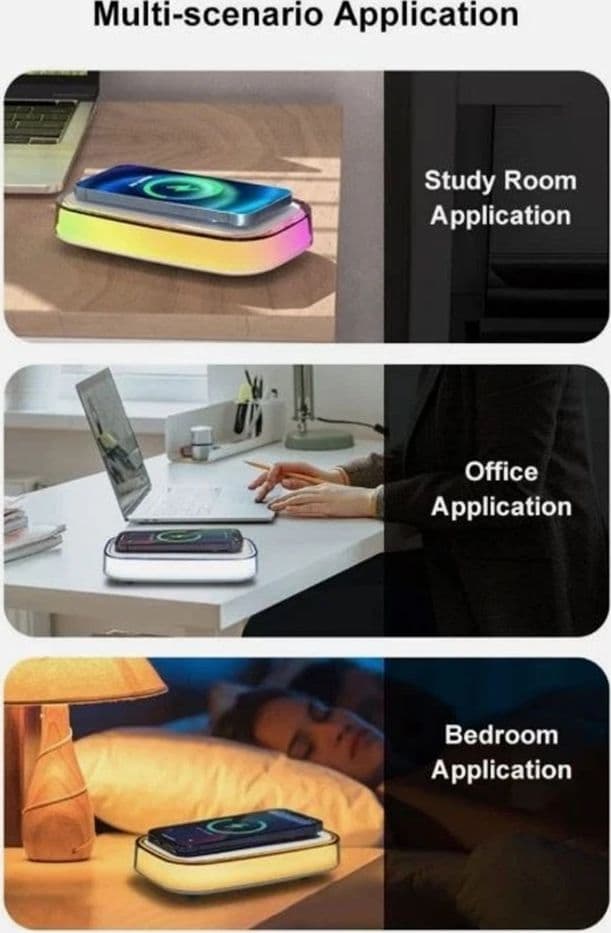 CARICATORE WIRELESS DA TAVOLO LUCE NOTTURNA LED MULTICOLORE RICARICA RAPIDA MAGNETICA A91 - 7