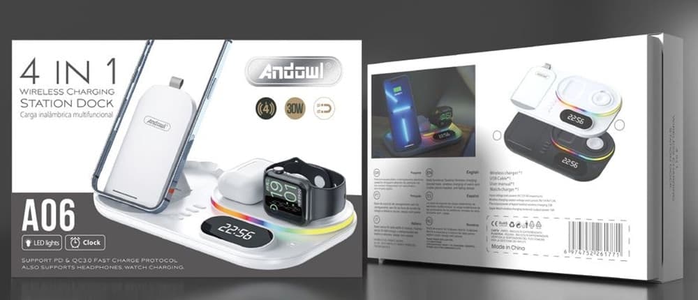 STAZIONE DI RICARICA WIRELESS 4IN1 MULTIFUNZIONE 30W PER SMARTPHONE AIRPODS SMARTWATCH A06 - 2