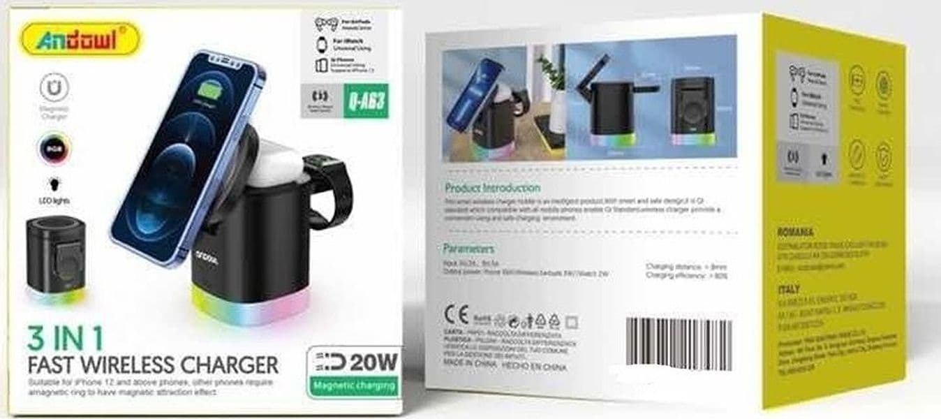 CARICABATTERIE WIRELESS MAGNETICA BASE RICARICA RAPIDO 3IN1 QI PAD 20W LUCI LED RGB Q-A63 - 2