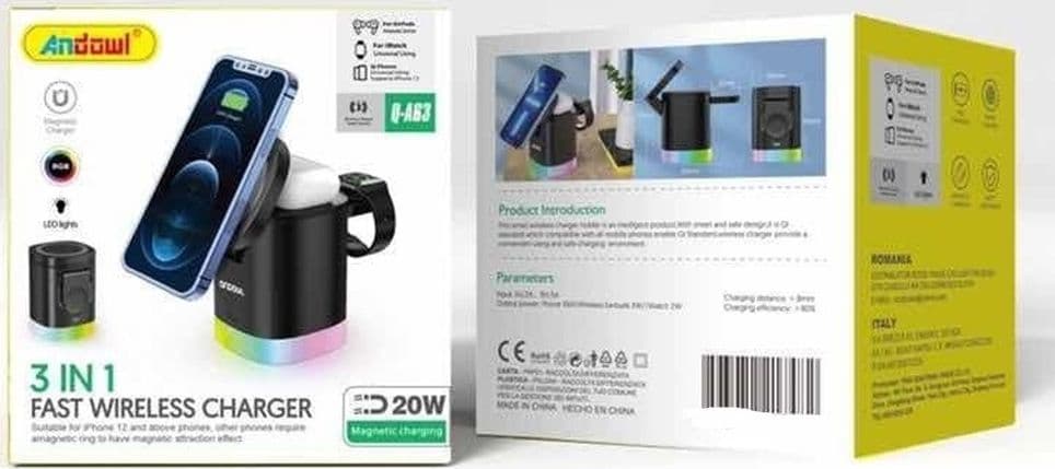 CARICABATTERIE WIRELESS MAGNETICA BASE RICARICA RAPIDO 3IN1 QI PAD 20W LUCI LED RGB Q-A63 - 2