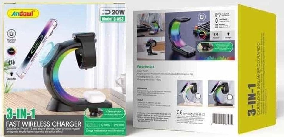 CARICABATTERIE RICARICA WIRELESS RAPIDO MAGNETICO 20W 3 IN 1 CON ILLUMINAZIONE RGB Q-A93 - 2