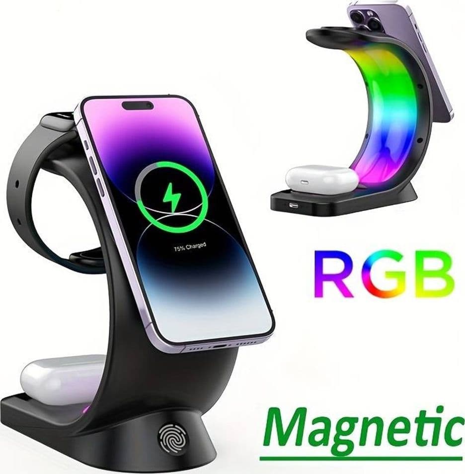 CARICABATTERIE RICARICA WIRELESS RAPIDO MAGNETICO 20W 3 IN 1 CON ILLUMINAZIONE RGB Q-A93 - 4