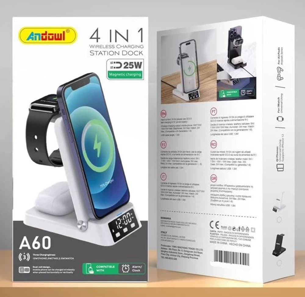 STAZIONE DI RICARICA MAGNETICA WIRELESS 25W PIEGHEVOLE 4 IN 1 CON SVEGLIA OROLOGIO A60 - 2