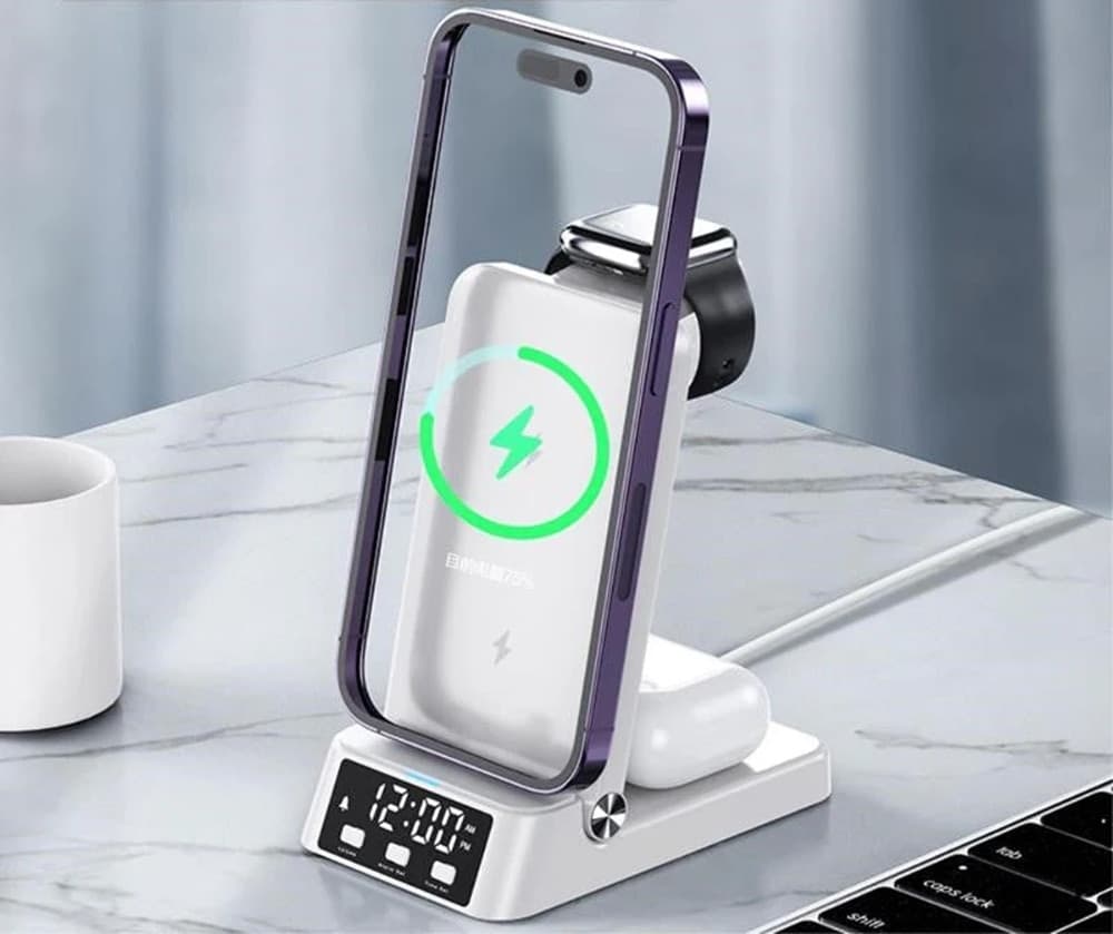 STAZIONE DI RICARICA MAGNETICA WIRELESS 25W PIEGHEVOLE 4 IN 1 CON SVEGLIA OROLOGIO A60 - 11