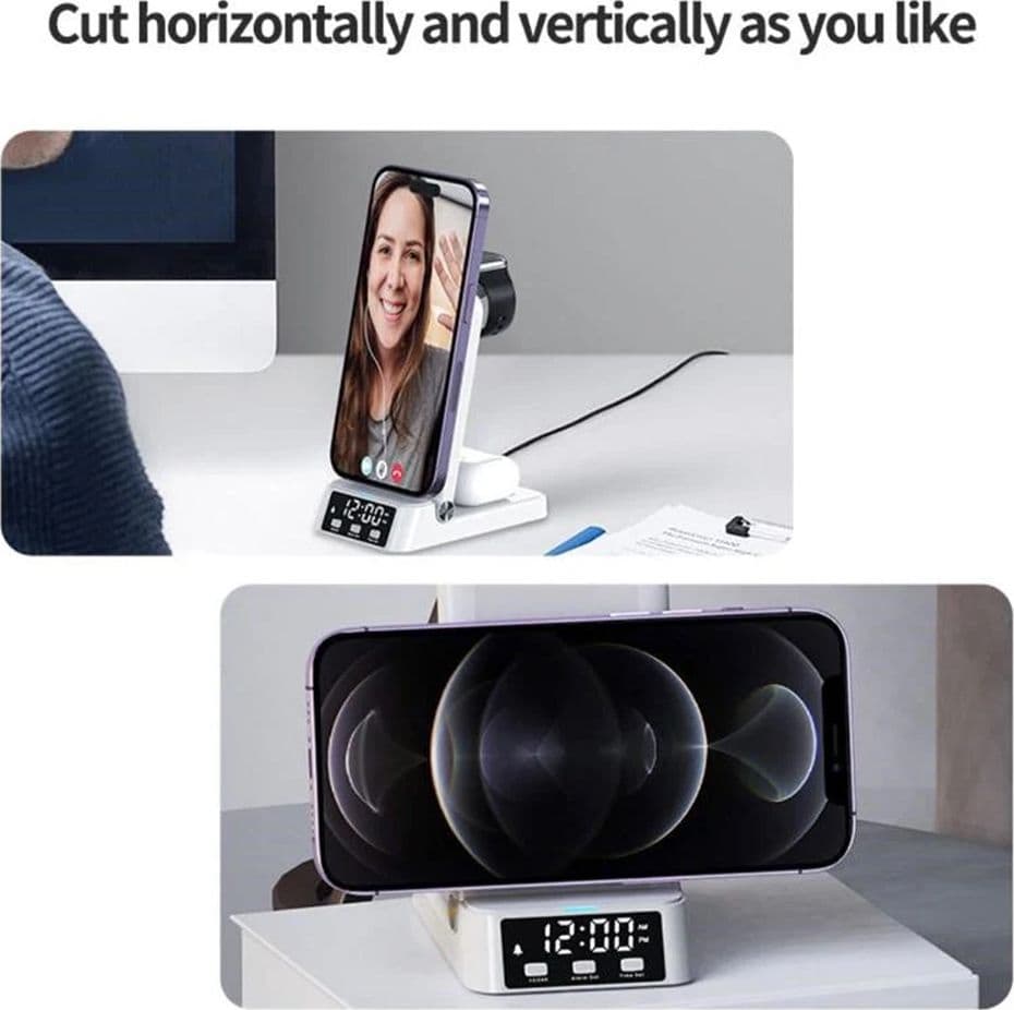 STAZIONE DI RICARICA MAGNETICA WIRELESS 25W PIEGHEVOLE 4 IN 1 CON SVEGLIA OROLOGIO A60 - 12