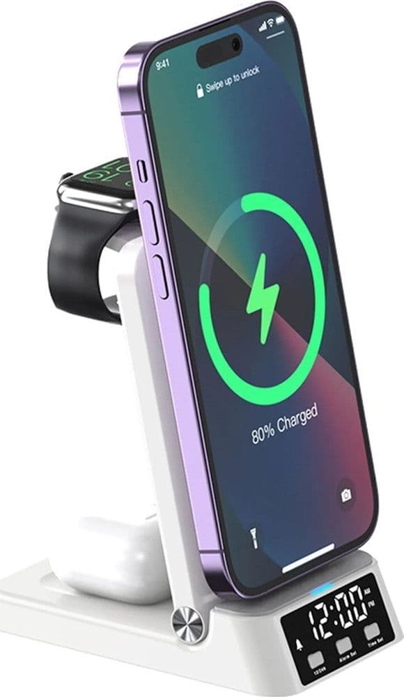 STAZIONE DI RICARICA MAGNETICA WIRELESS 25W PIEGHEVOLE 4 IN 1 CON SVEGLIA OROLOGIO A60 - 13