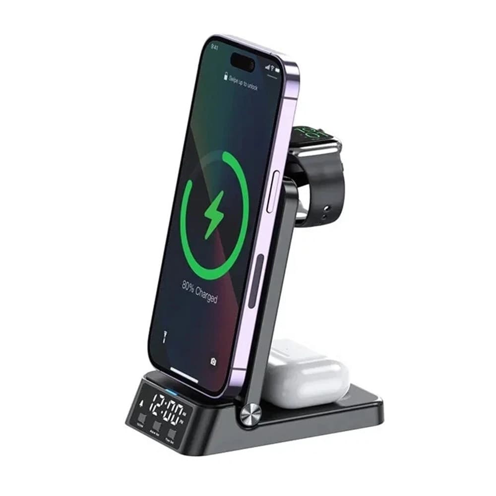 STAZIONE DI RICARICA MAGNETICA WIRELESS 25W PIEGHEVOLE 4 IN 1 CON SVEGLIA OROLOGIO A60 - 14