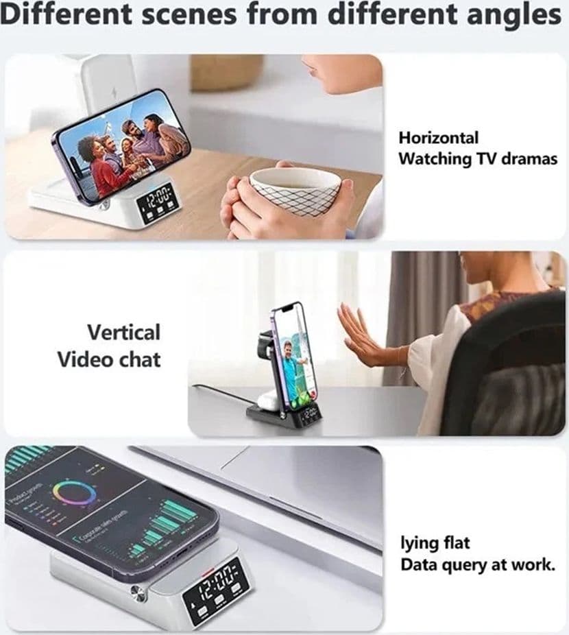 STAZIONE DI RICARICA MAGNETICA WIRELESS 25W PIEGHEVOLE 4 IN 1 CON SVEGLIA OROLOGIO A60 - 16