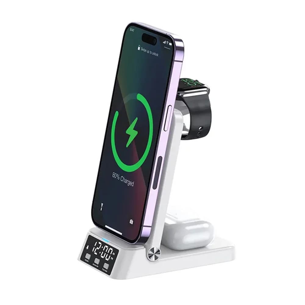 STAZIONE DI RICARICA MAGNETICA WIRELESS 25W PIEGHEVOLE 4 IN 1 CON SVEGLIA OROLOGIO A60 - 17