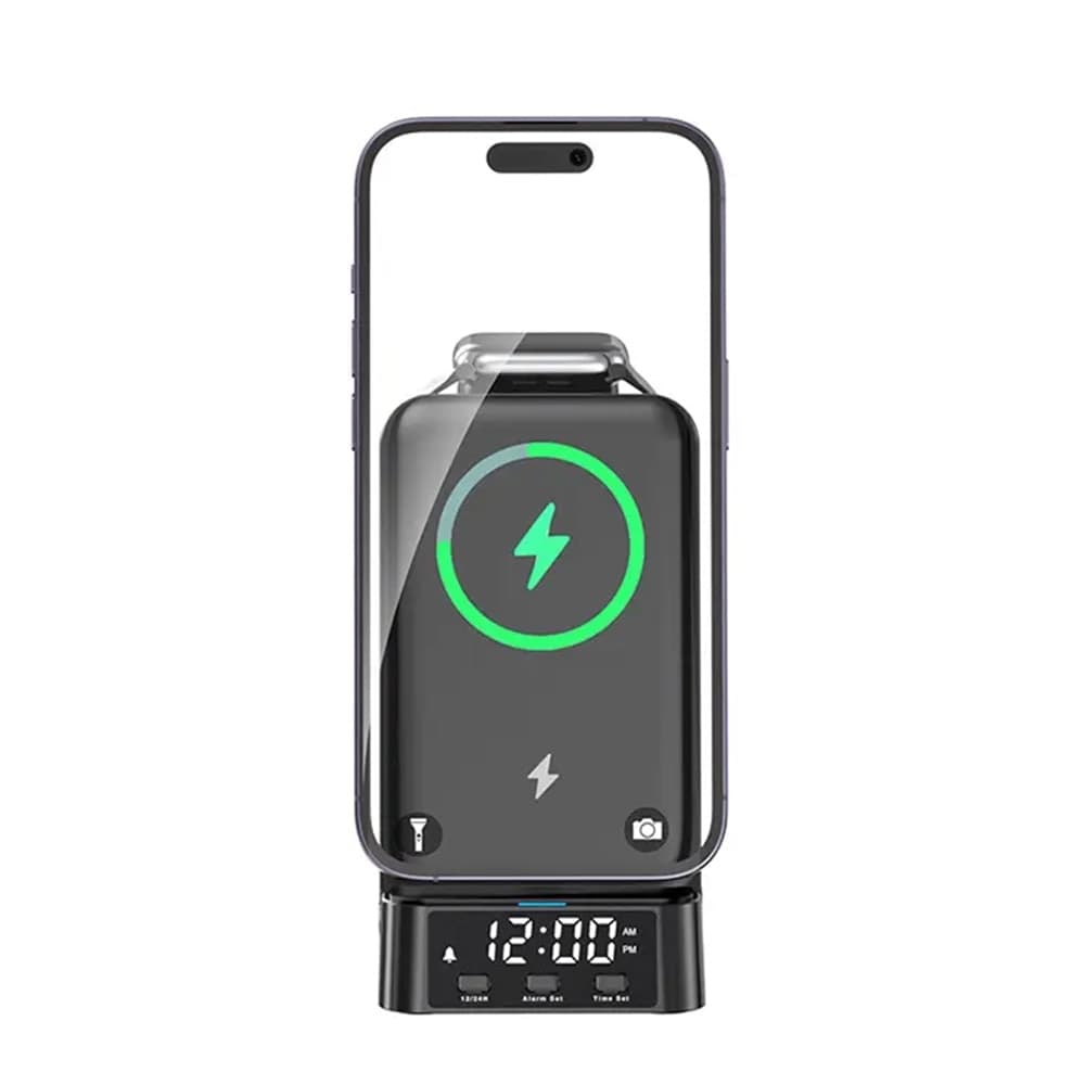 STAZIONE DI RICARICA MAGNETICA WIRELESS 25W PIEGHEVOLE 4 IN 1 CON SVEGLIA OROLOGIO A60 - 18