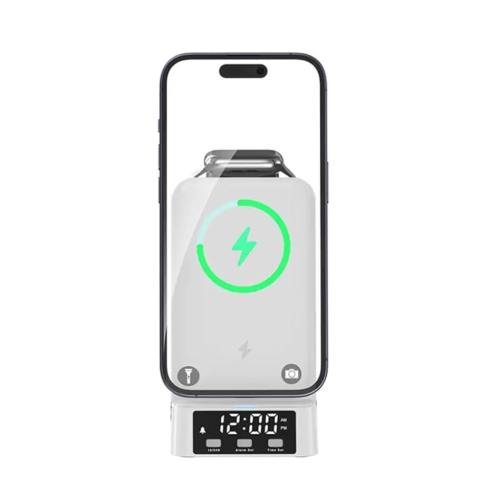 STAZIONE DI RICARICA MAGNETICA WIRELESS 25W PIEGHEVOLE 4 IN 1 CON SVEGLIA OROLOGIO A60 - 19