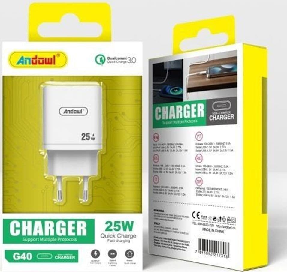 CARICABATTERIE CARICATORE DA MURO CON PORTA TYPE-C 25W G40 RICARICA RAPIDA QUICK CHARGE 3.0 - 2