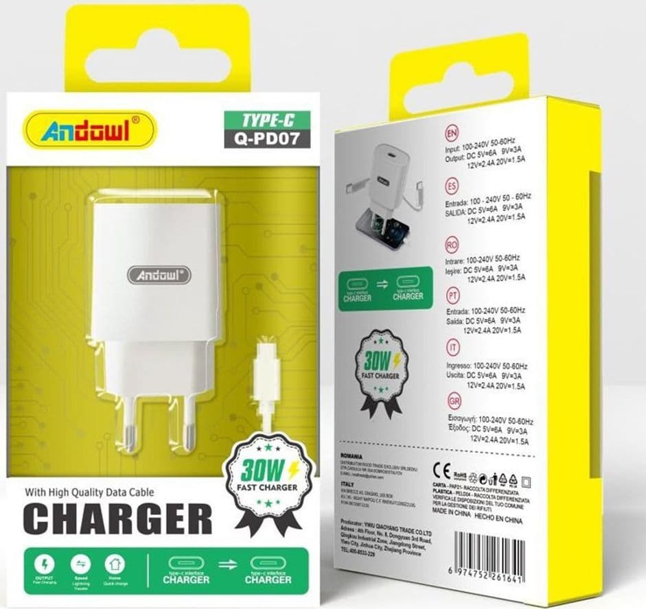 CARICABATTERIA CON PORTA TYPE-C 30W RICARICA VELOCE SICURA CON CAVO DATI TYPE-C Q-PD07 - 2