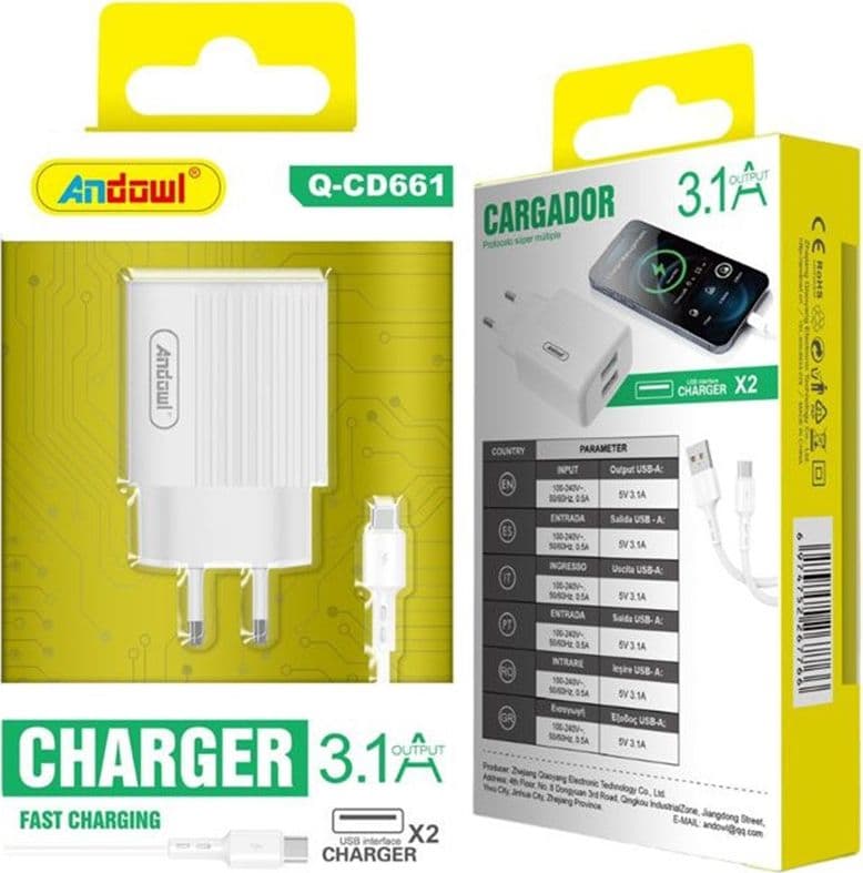 CARICABATTERIE CON 2 PORTE USB 3.1A CON CAVO TYPE-C RICARICA RAPIDA SICURA Q-CD661 - 2