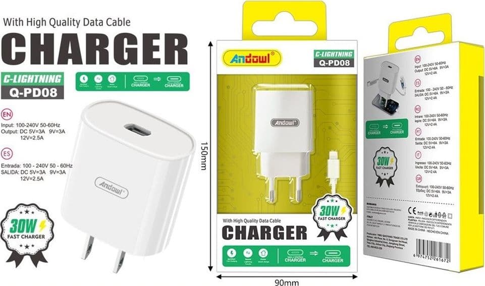 CARICABATTERIE RAPIDO PORTA USB-C CON CAVO TYPE-C A LIGHTNING DA 30W POWER DELIVERY Q-PD08 - 2