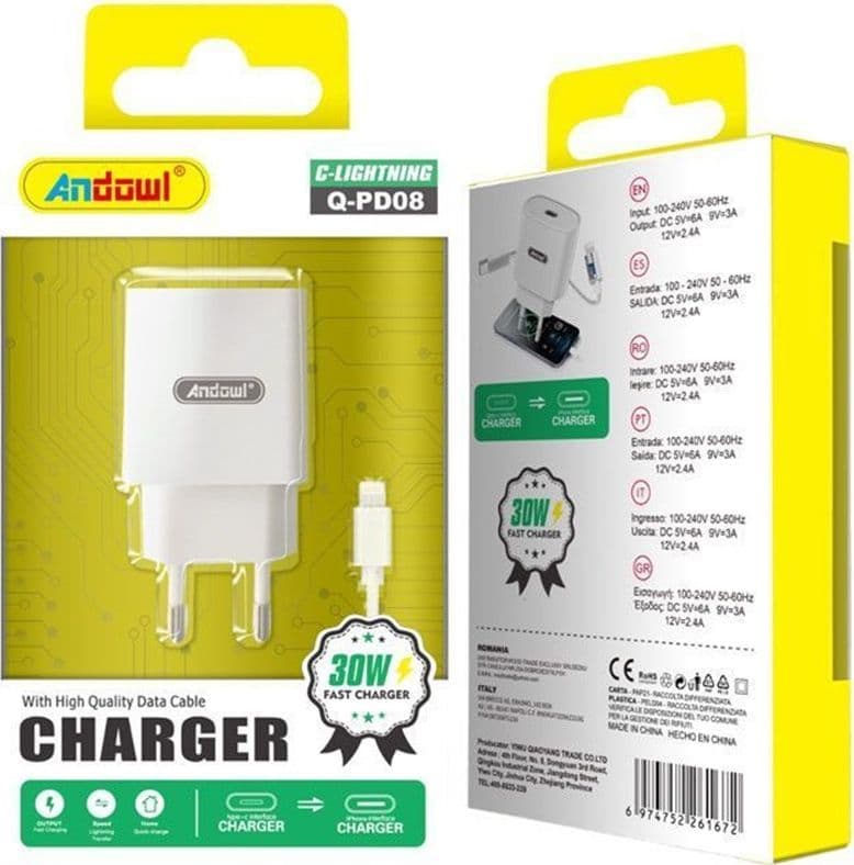 CARICABATTERIE RAPIDO PORTA USB-C CON CAVO TYPE-C A LIGHTNING DA 30W POWER DELIVERY Q-PD08 - 3