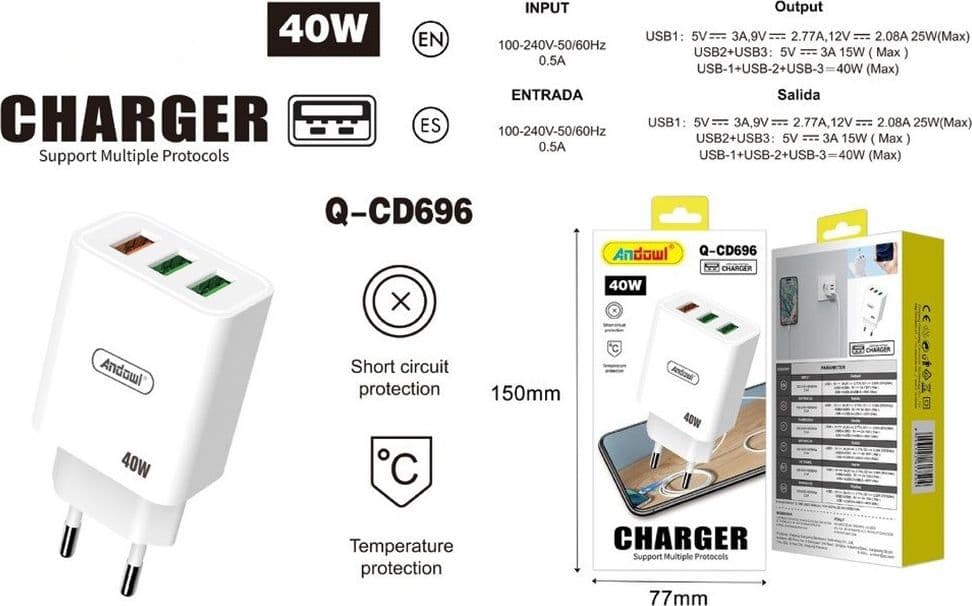 CARICABATTERIE ADATTATORE RICARICA RAPIDA CON 3 PORTE USB 40W PER SMARTPHONE TABLET Q-CD696 - 2