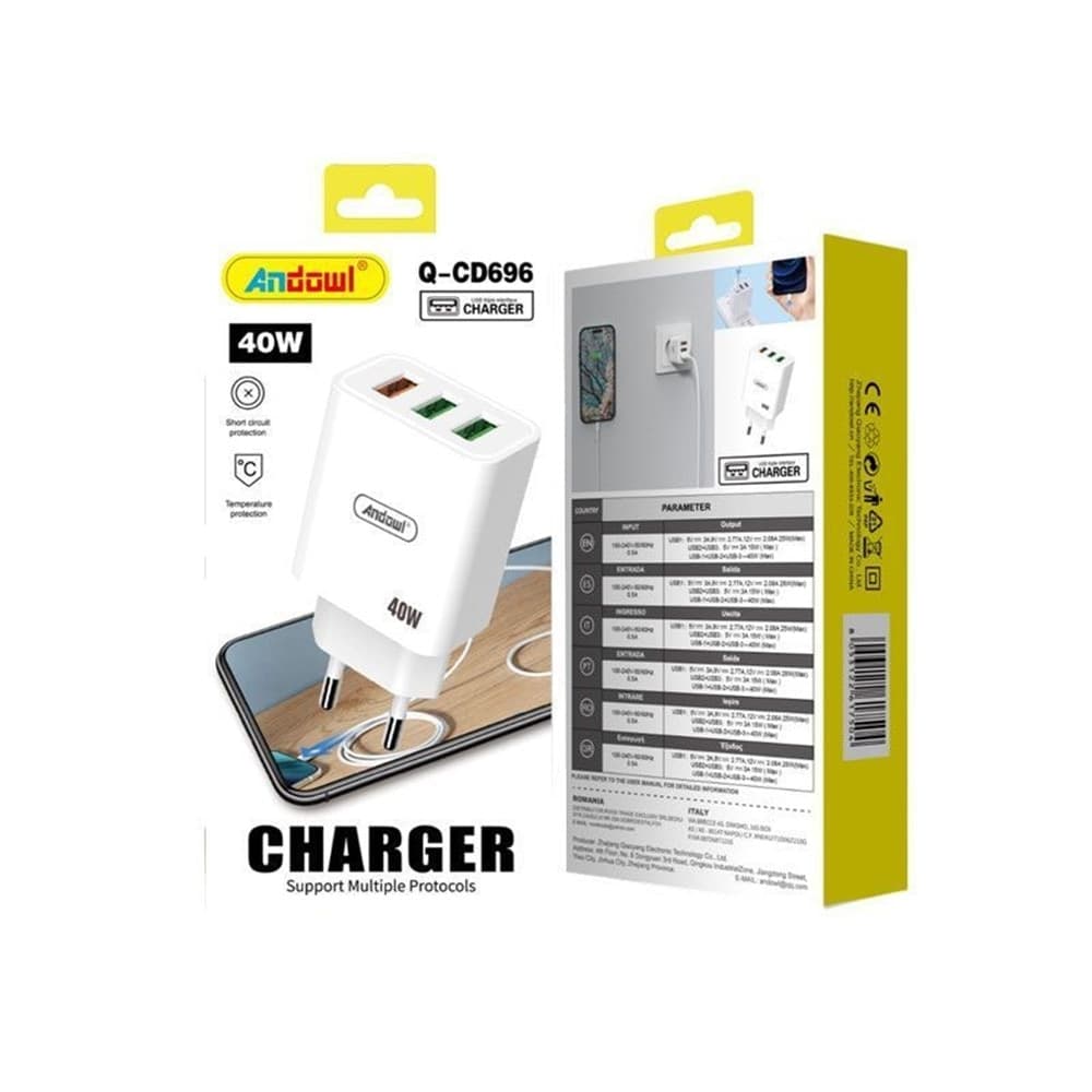 CARICABATTERIE ADATTATORE RICARICA RAPIDA CON 3 PORTE USB 40W PER SMARTPHONE TABLET Q-CD696 - 3