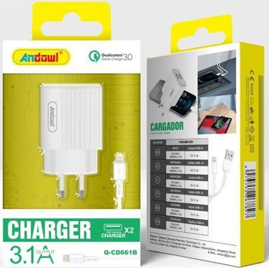 CARICABATTERIE CON DOPPIA PORTA USB CON CAVO LIGHTNING RICARICA RAPIDA 3.1A Q-CD661B - 2
