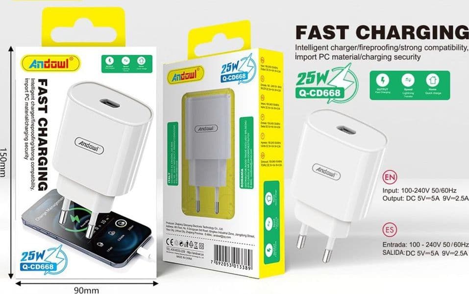 CARICABATTERIE CARICATORE MURO RICARICA RAPIDA PORTA TYPE-C 25W AMPIA COMPATIBILITÀ Q-CD668 - 2