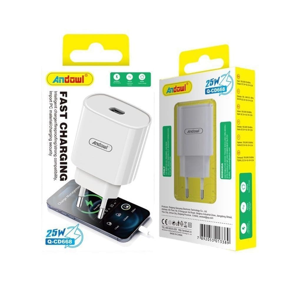 CARICABATTERIE CARICATORE MURO RICARICA RAPIDA PORTA TYPE-C 25W AMPIA COMPATIBILITÀ Q-CD668 - 3