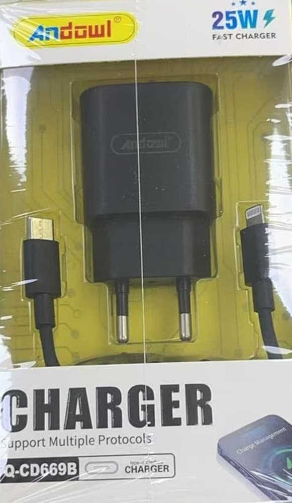 CARICABATTERIE DA MURO A RICARICA RAPIDA CON CAVO DA TYPE-C A LIGHTNING DA 25 W Q-CD669B - 2