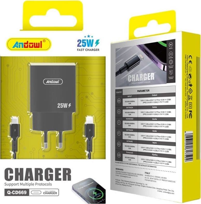 CARICABATTERIE DA MURO A RICARICA RAPIDA CON CAVO DA TYPE-C A LIGHTNING DA 25 W Q-CD669B - 3