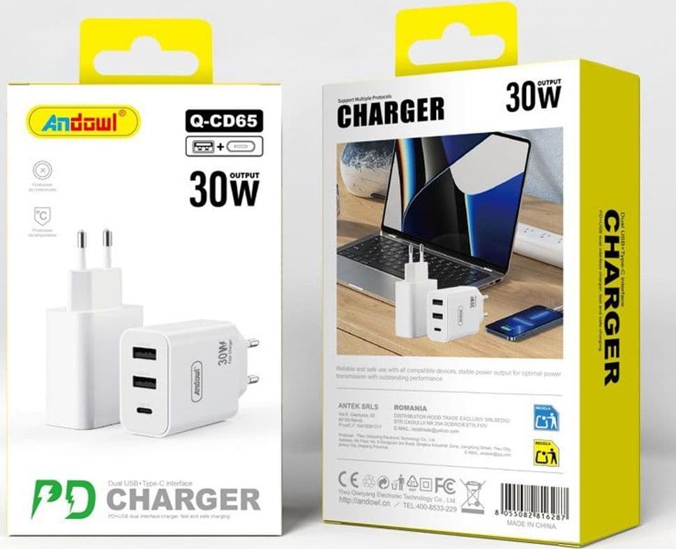 CARICABATTERIE DA PARETE Q-CD65 DOPPIA PORTA USB+TYPE-C 30W RICARICA RAPIDA POWER DELIVERY - 2