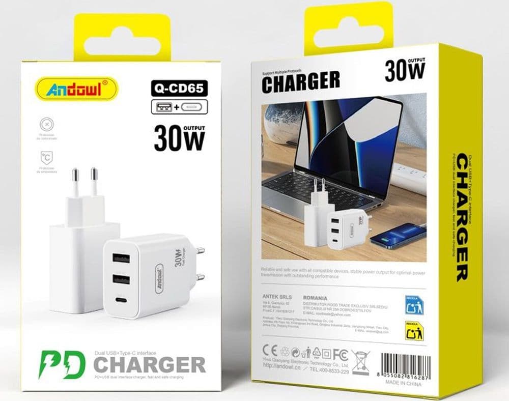 CARICABATTERIE DA PARETE Q-CD65 DOPPIA PORTA USB+TYPE-C 30W RICARICA RAPIDA POWER DELIVERY - 2