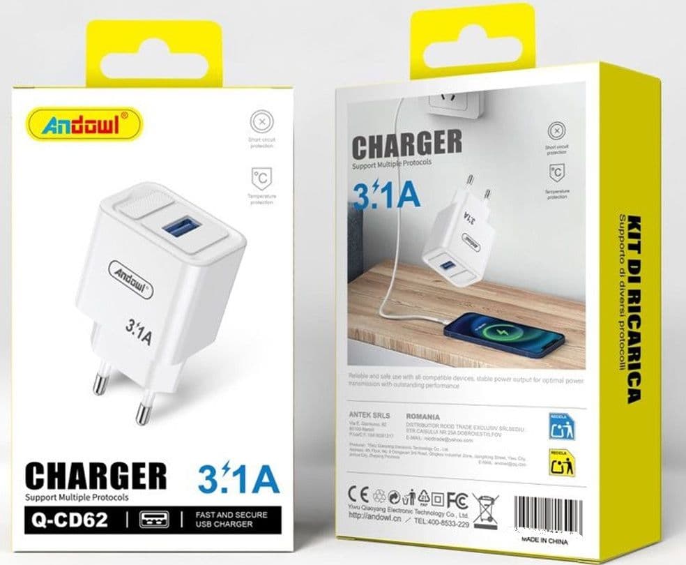 CARICABATTERIE CARICATORE DA PARETE CON PORTA USB Q-CD62 RICARICA RAPIDA SICURA 3.1A - 2