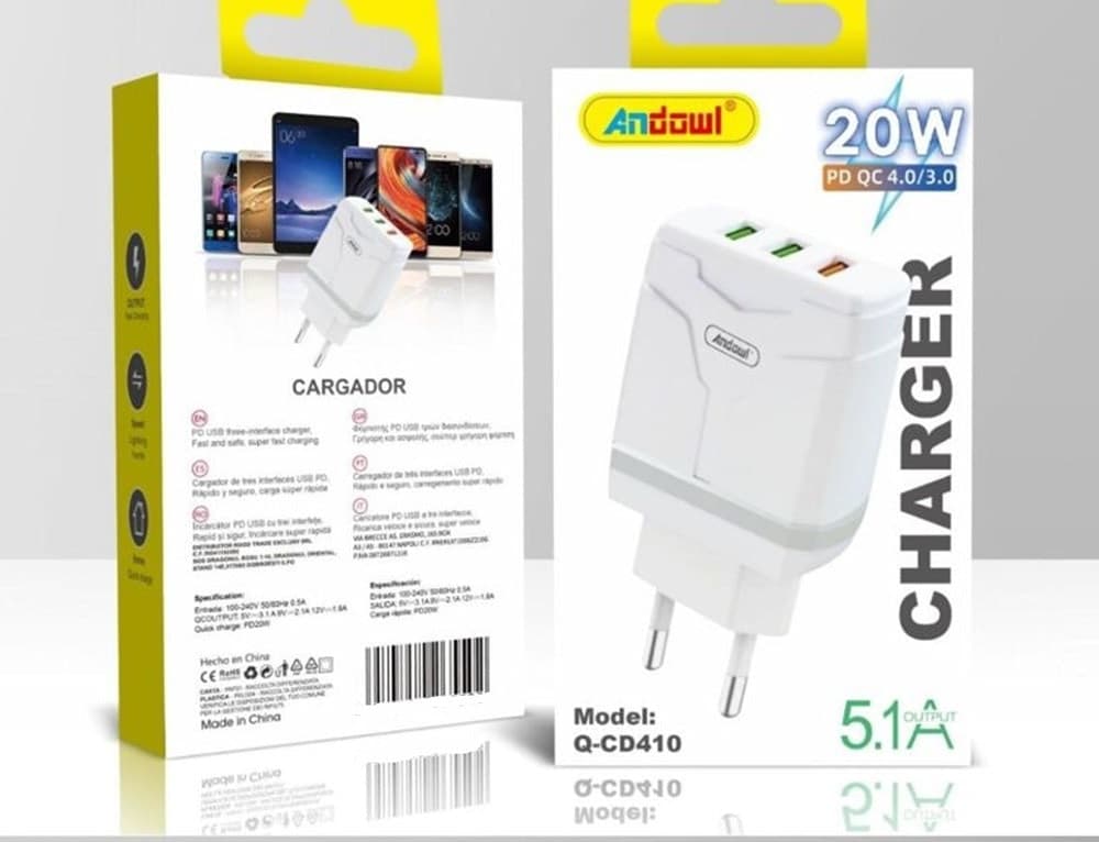 CARICABATTERIE CARICATORE RICARICA RAPIDA CON 3 PORTE USB 20W PD QC 4.0/3.0 5.1A Q-CD410 - 2
