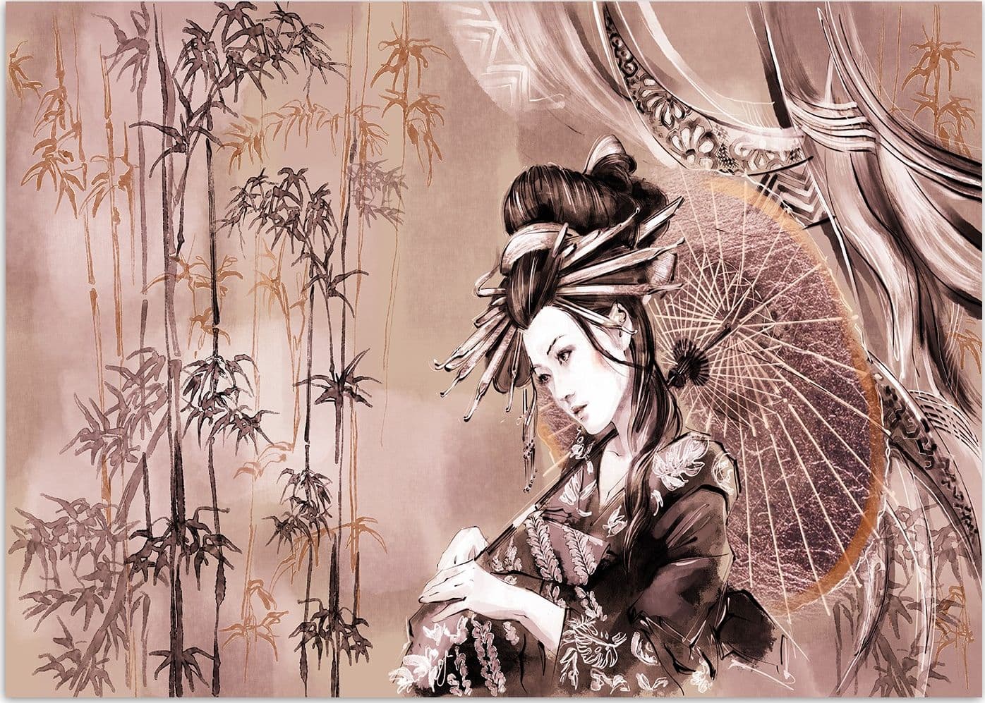 Carta Da Parati, Ritratto di geisha rosa marrone - 3