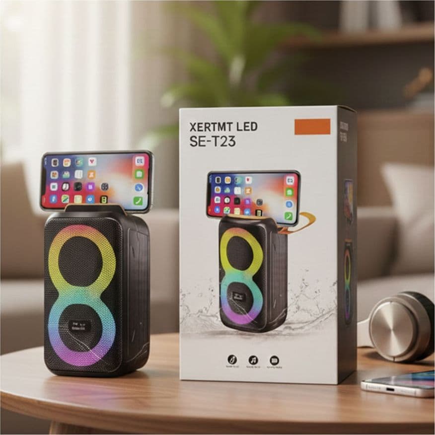 CASSA ALTOPARLANTE BLUETOOTH PORTATILE CON SUPPORTO TELEFONO SE-T23 LUCI RGB BASSI POTENTI - 2