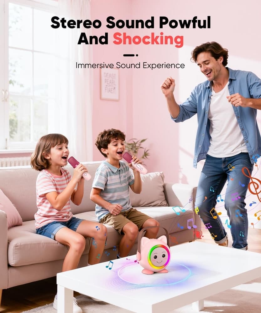 MINI CASSA BLUETOOTH PORTATILE CON 2 MICROFONI WIRELESS KARAOKE PER BAMBINI RAGAZZE REGALO - 3