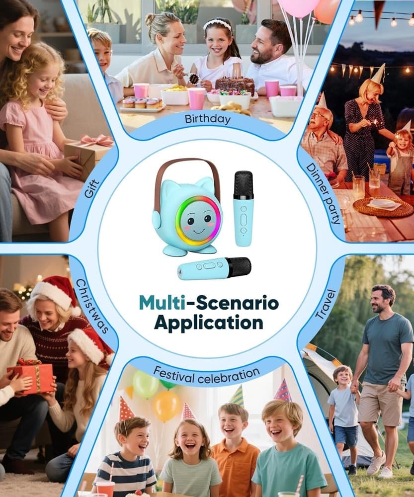 MINI CASSA BLUETOOTH PORTATILE CON 2 MICROFONI WIRELESS KARAOKE PER BAMBINI RAGAZZE REGALO - 6