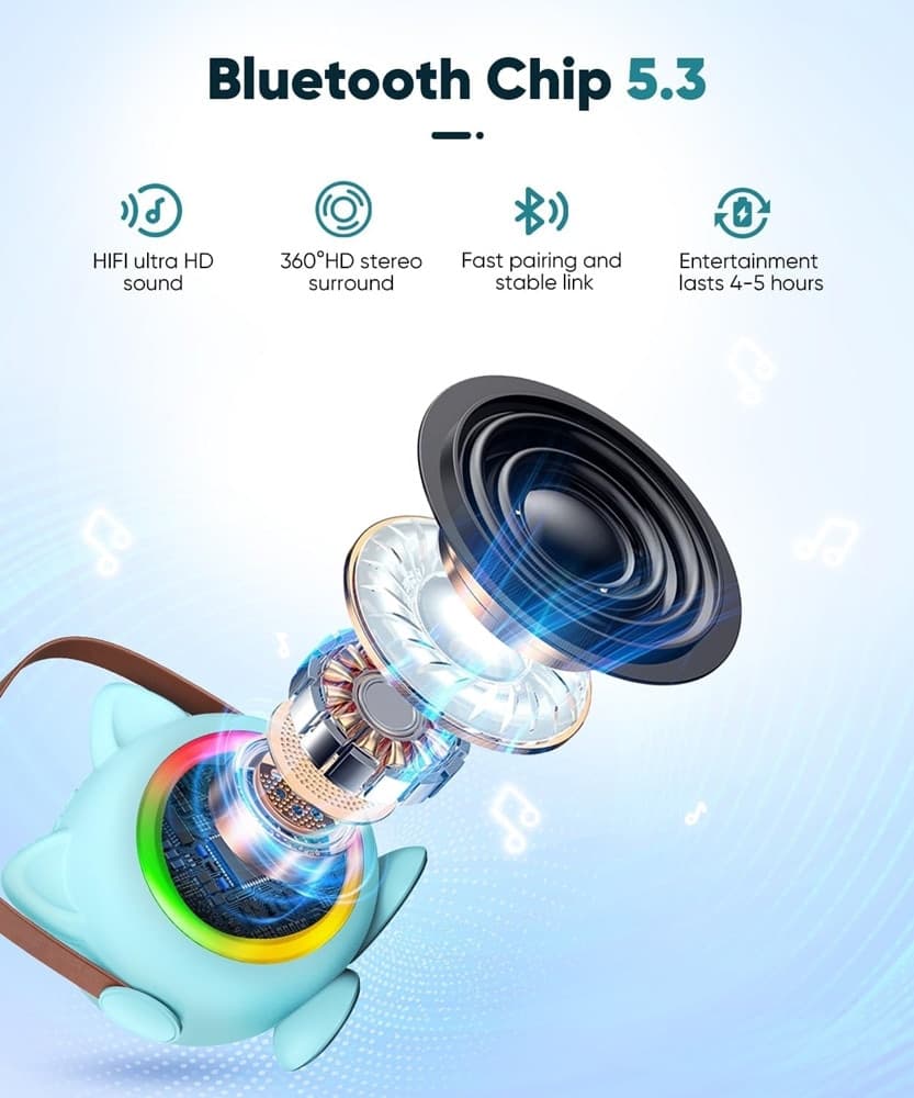 MINI CASSA BLUETOOTH PORTATILE CON 2 MICROFONI WIRELESS KARAOKE PER BAMBINI RAGAZZE REGALO - 10