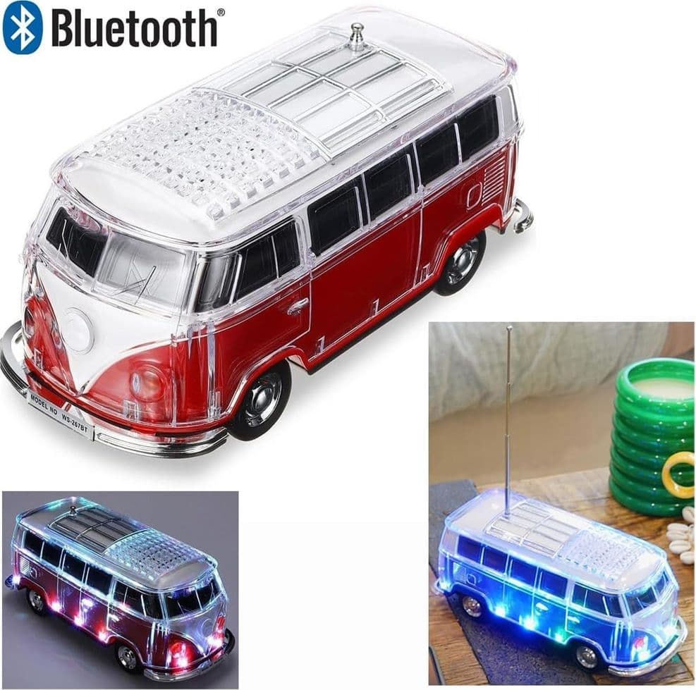 CASSA ALTOPARLANTE BLUETOOTH FORMA FURGONCINO RETRÒ PORTATILE CON LUCI LED RADIO FM USB - 7