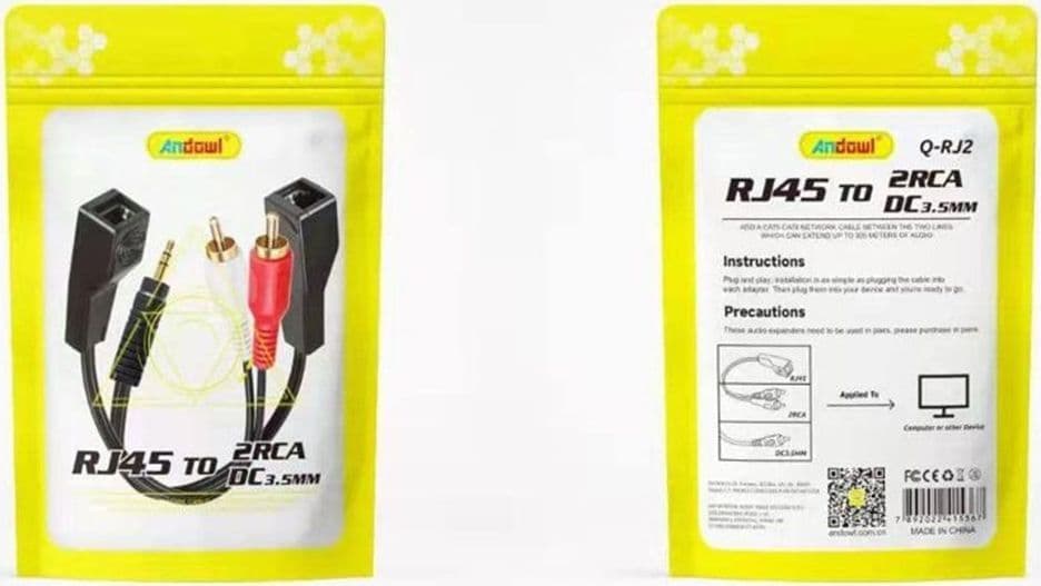 ADATTATORE CAVO ESTENSIONE SEGNALI AUDIO DA RJ45 FEMMINA A 2RCA / DC3,5 MM MASCHIO Q-RJ2 - 2
