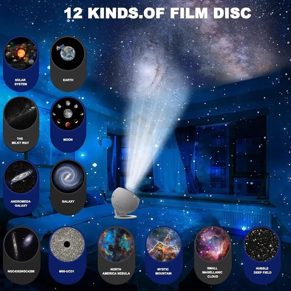 PROIETTORE CIELO STELLATO 12 DISCHI PLANETARI LUCE NOTTURNA LED GALASSIA CAMERA SOFFITTO - 7