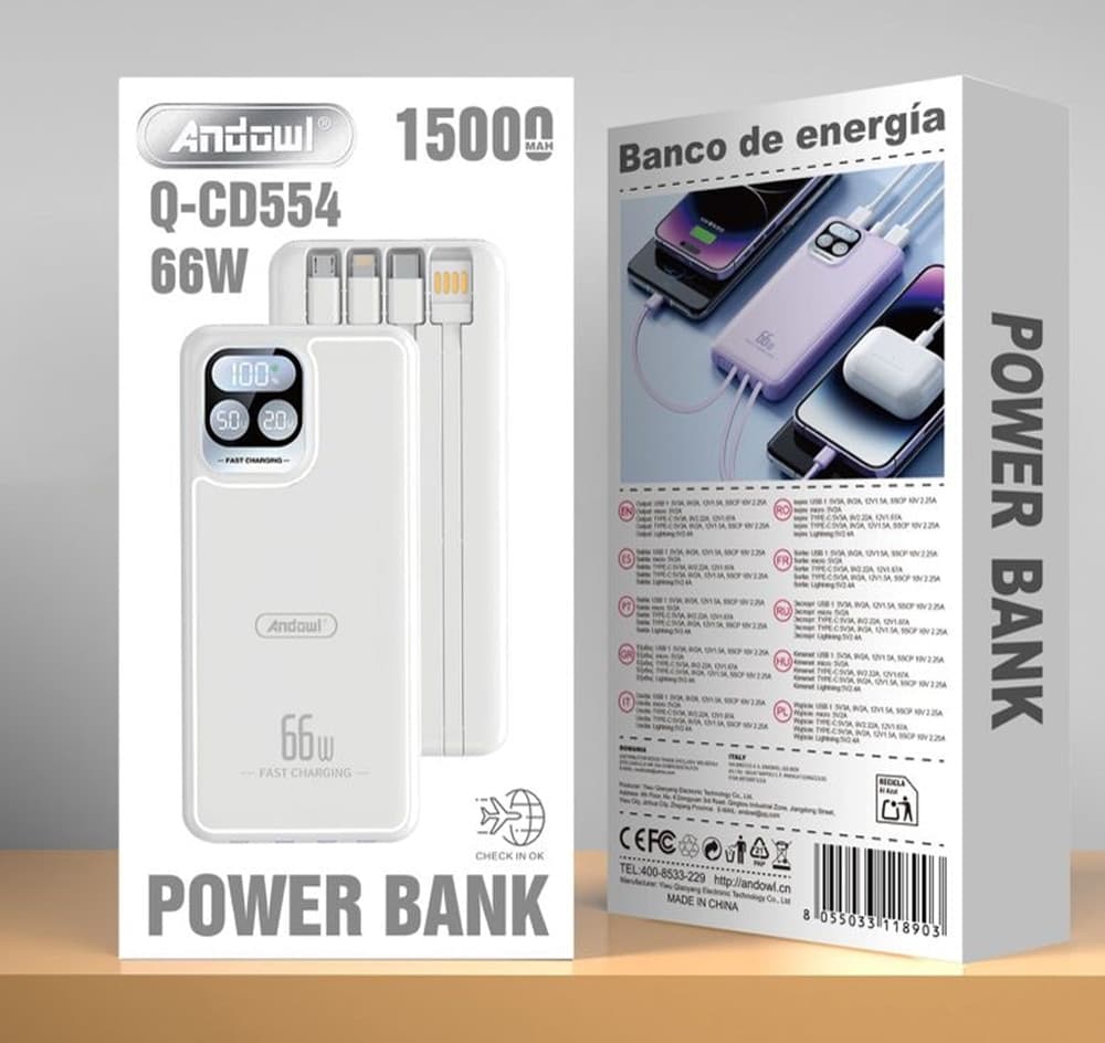 POWER BANK A RICARICA RAPIDA 15000MAH 66W CON DISPLAY LED DIGITALE 4 CAVI INTEGRATI Q-CD554 - 2
