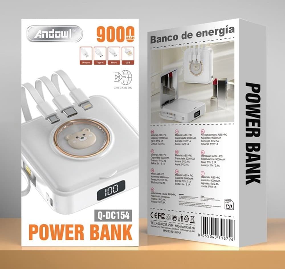 POWER BANK PORTATILE Q-DC154 CON CAVI DISPLAY 9000MAH DESIGN DECORATIVO FORMA ORSETTO - 2