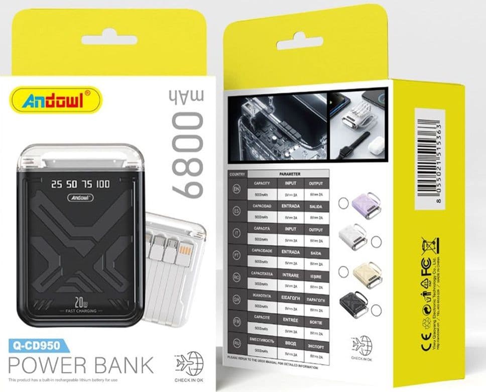 POWER BANK PORTATILE 6800MAH 20W RICARICA RAPIDA INDICATORI LIVELLO CARICA 4 CAVI Q-CD950 - 2
