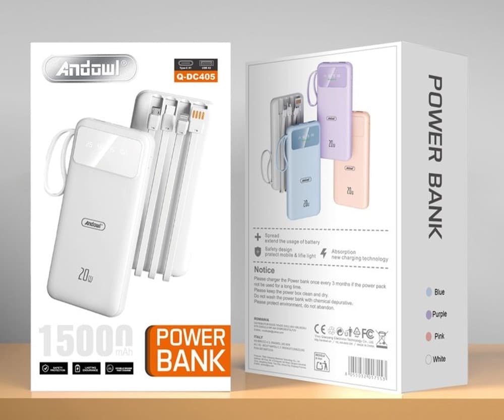 POWER BANK PORTATILE 15000 MAH RICARICA RAPIDA 20W CON CAVI INTEGRATI DESIGN SICURO Q-DC405 - 2