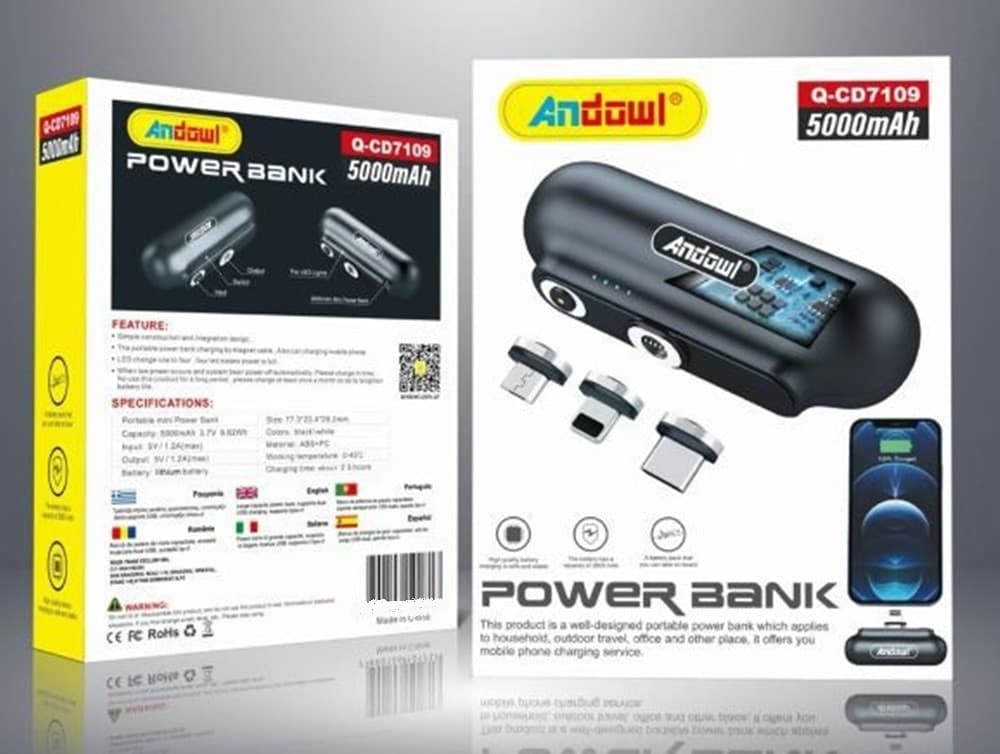 MINI POWER BANK MAGNETICO 5000MAH CARICABATTERIE PORTATILE COMPATTO CON 3 CONNETTORI 7019-3 - 8
