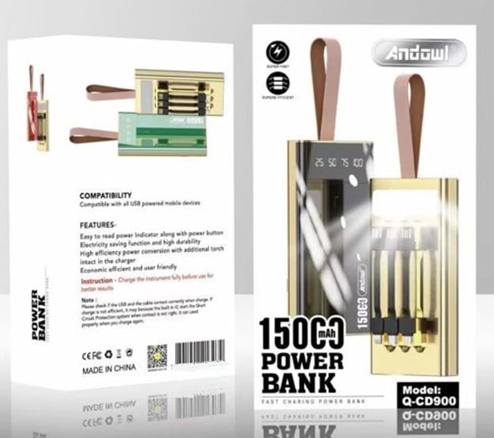 POWER BANK Q-CD900 15000MAH PORTATILE RICARICA RAPIDA INDICATORE ALIMENTAZIONE TORCIA LED - 2