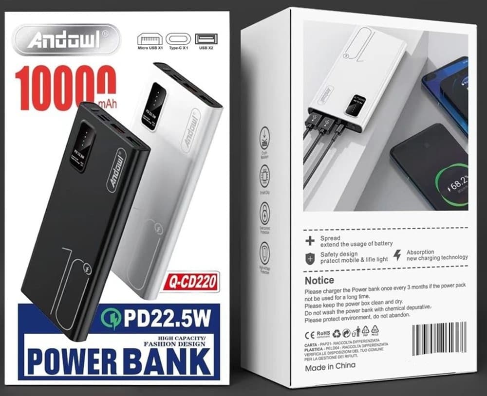 POWER BANK 10000MAH RICARICA VELOCE 4 INGRESSI USB TYPE-C MICRO USB TORCIA Q-CD220 PD22.5W - 2