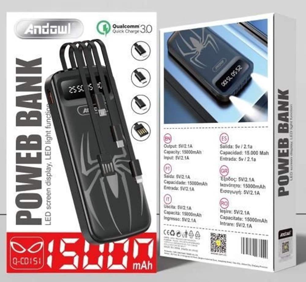 POWER BANK PORTATILE Q-CD151 15000MAH CON LUCE DISPLAY A LED CAVI INTEGRATI DESIGN RAGNO - 2